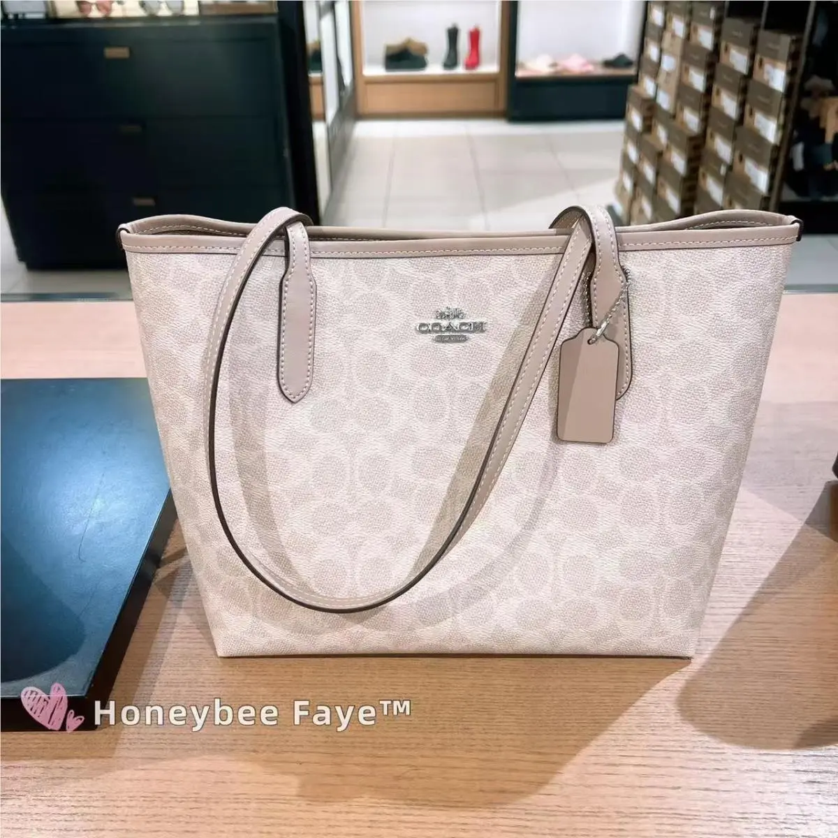 Medium City Tote Bag In Signature Canvas CDX82/CDX83 Silver/Sand/Taupe by Coach