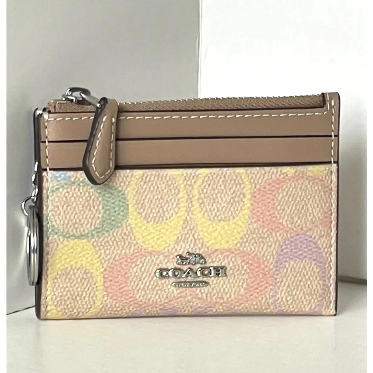 Coach Mini Skinny ID Case CDF92 Rainbow Signature Canvas Yellow Keychain Wallet
