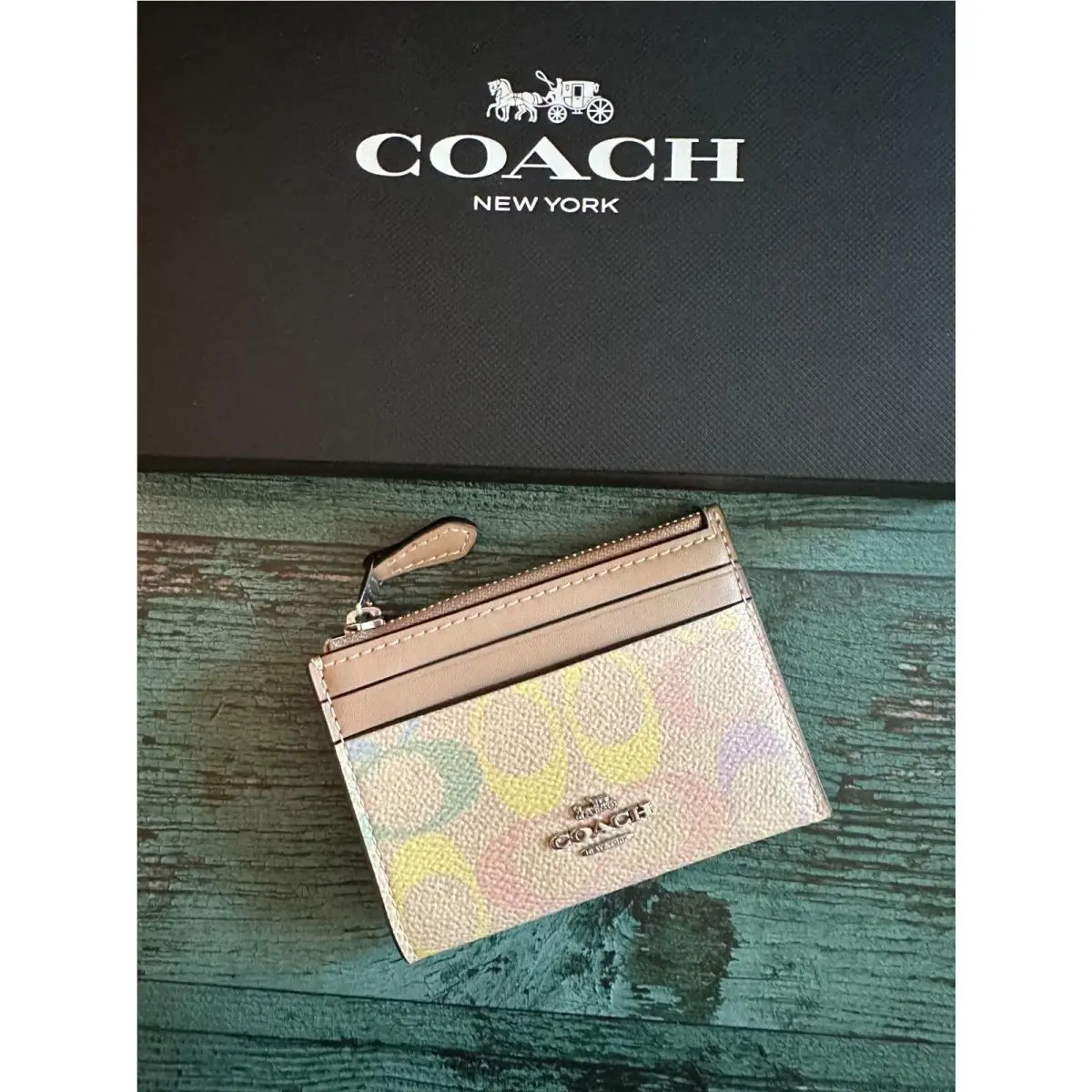 CDF92 Mini ID Card Coin Case Rainbow Signature Wallet Sand Multi by Coach