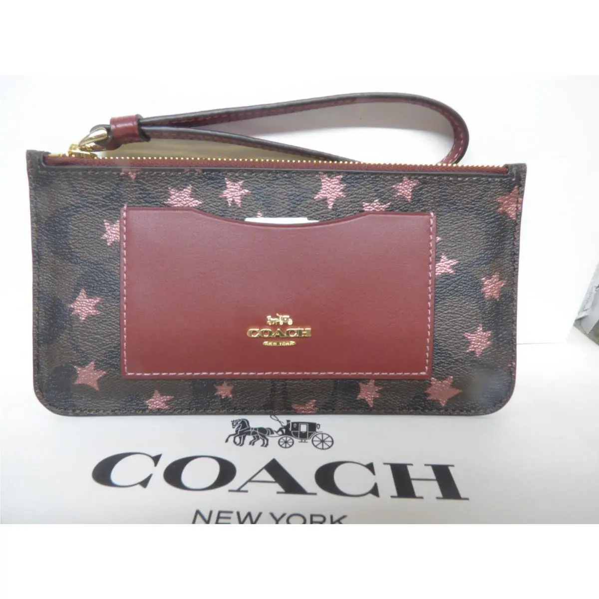 Coach F 37564 Signature Strap Zip Top Wallet Brown Multi Stars Lqqk