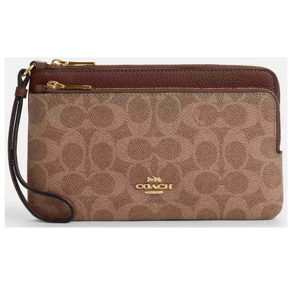 Coach Women`s Wallet Double Zip Signature Canvas Gold/tan/brown CX161 Brn