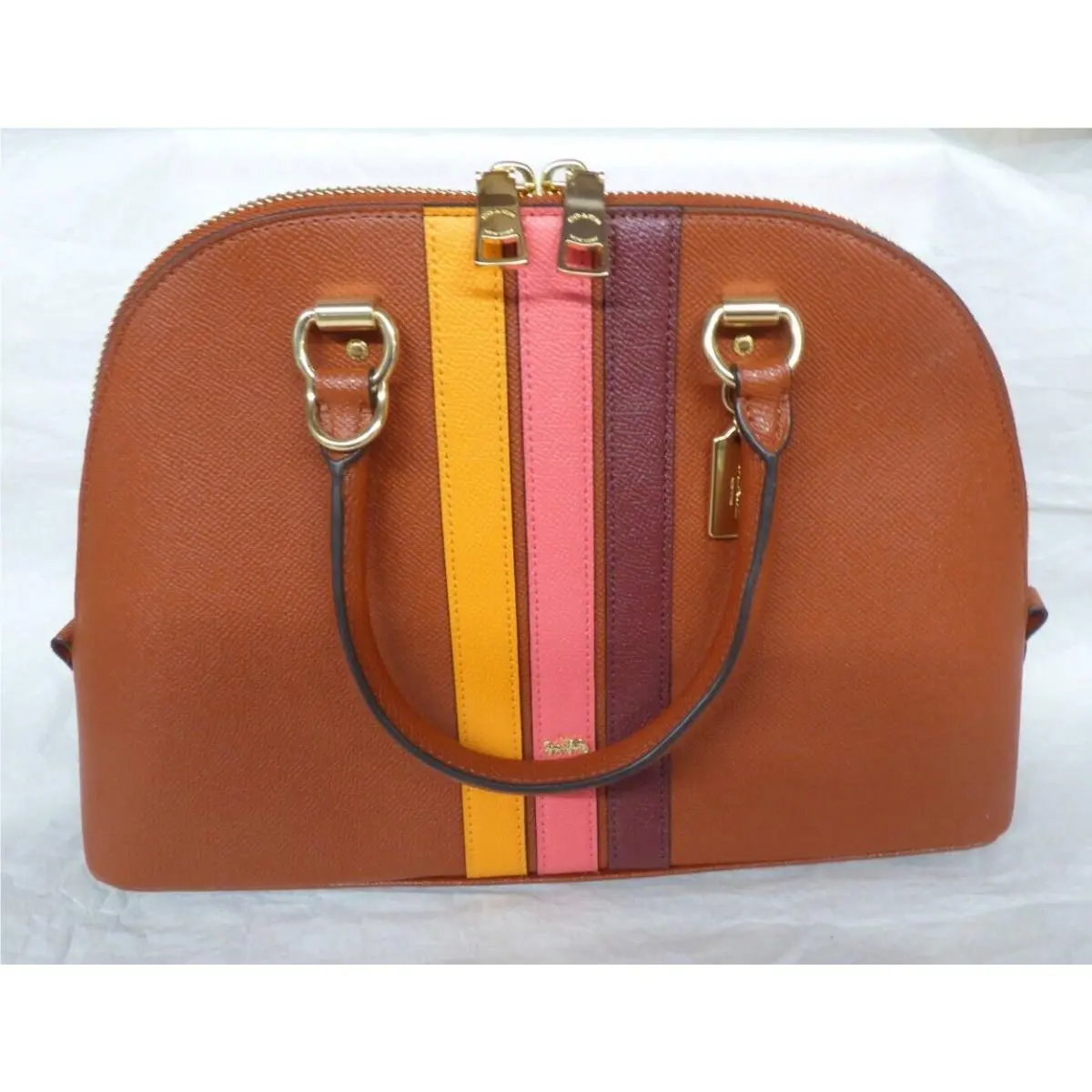 Coach Katy Leather Varsity Stripe Crossbody Handbag Terracotta Electric Pink