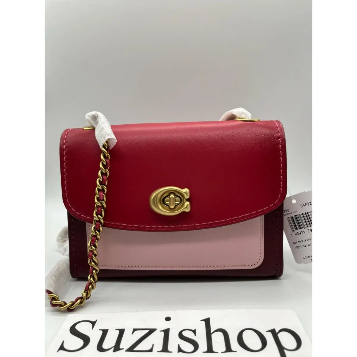 Coach Parker 18 in Colorblock Brass Red Apple Pink Brown Multi Style 29390