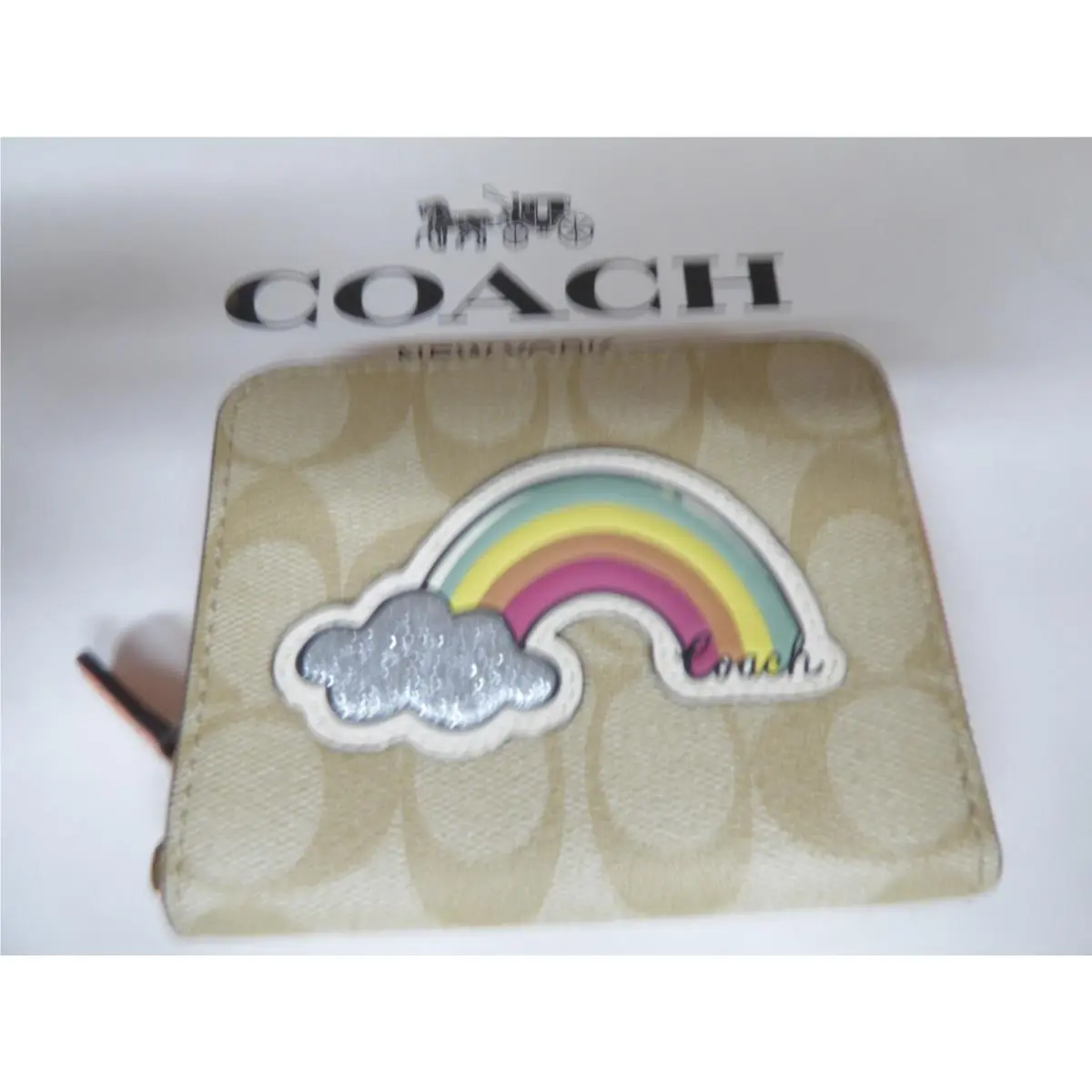 Coach Signature Motif Small Zip Around Wallet Light Khaki Coral Rainbow Lqqk