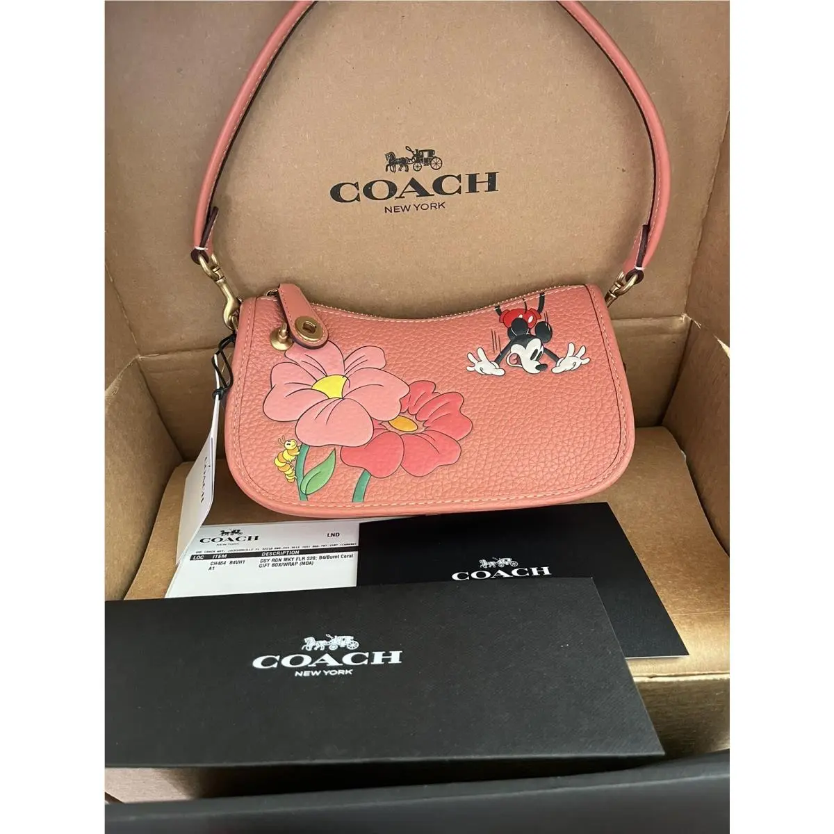 Coach x Disney Swinger 20 Leather Mickey Mouse Flowers Burnt Coral CH464