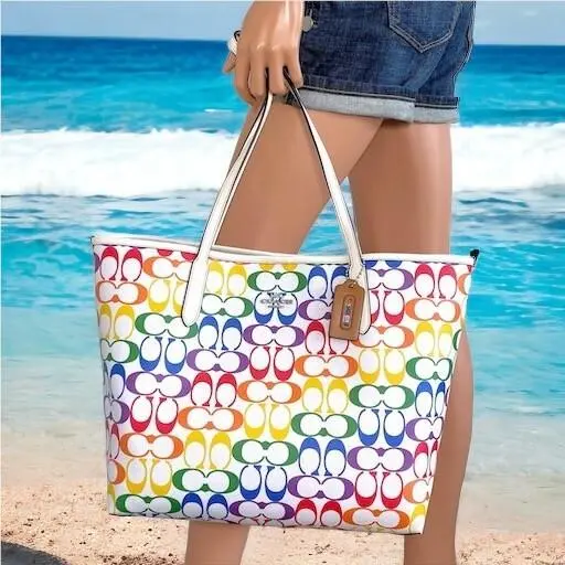 Coach Purse Rainbow Signature C Large City Tote Travel Beach Pool Purse