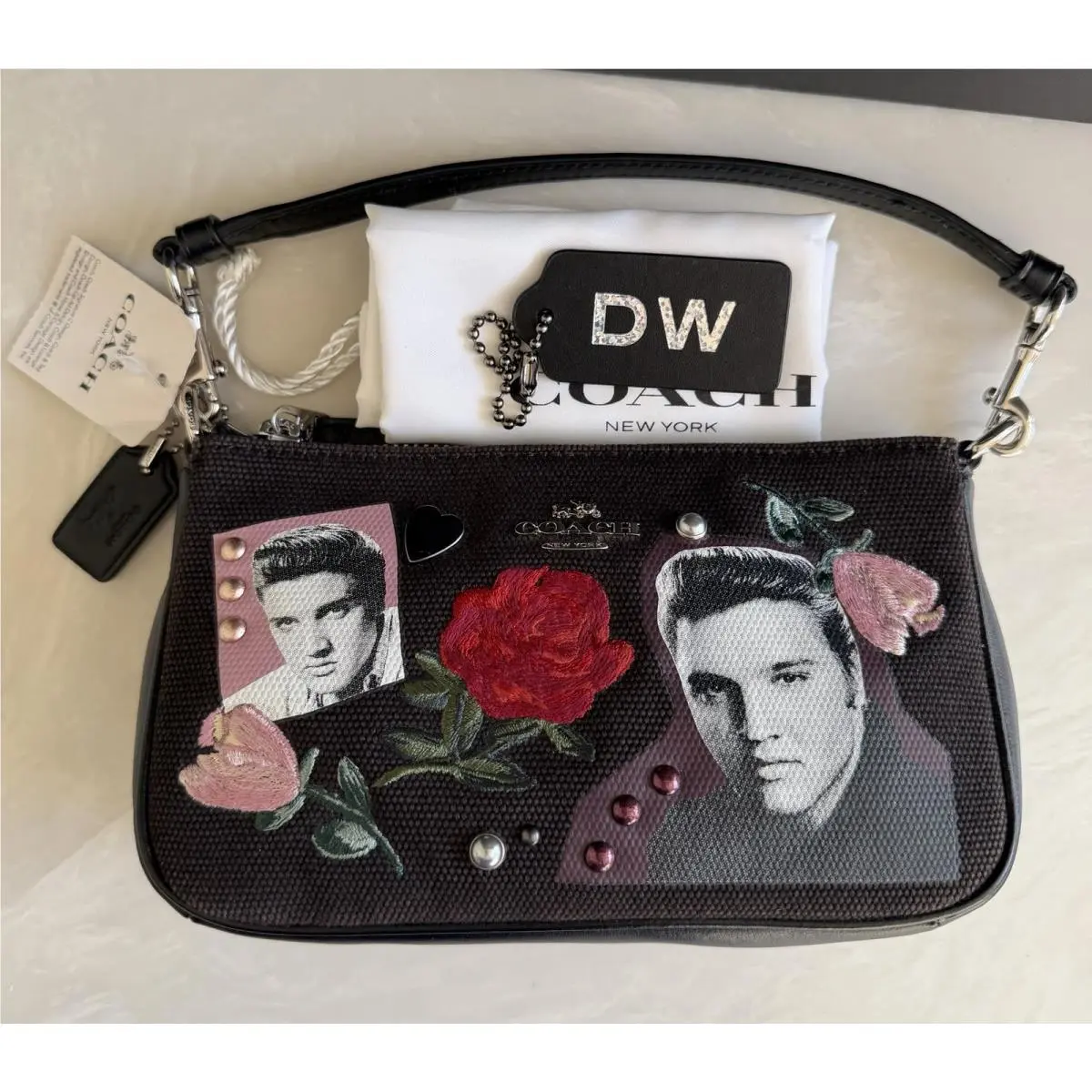 Coach Elvis Canvas Large Embellished Black/multi Baguette Wristlet 25789