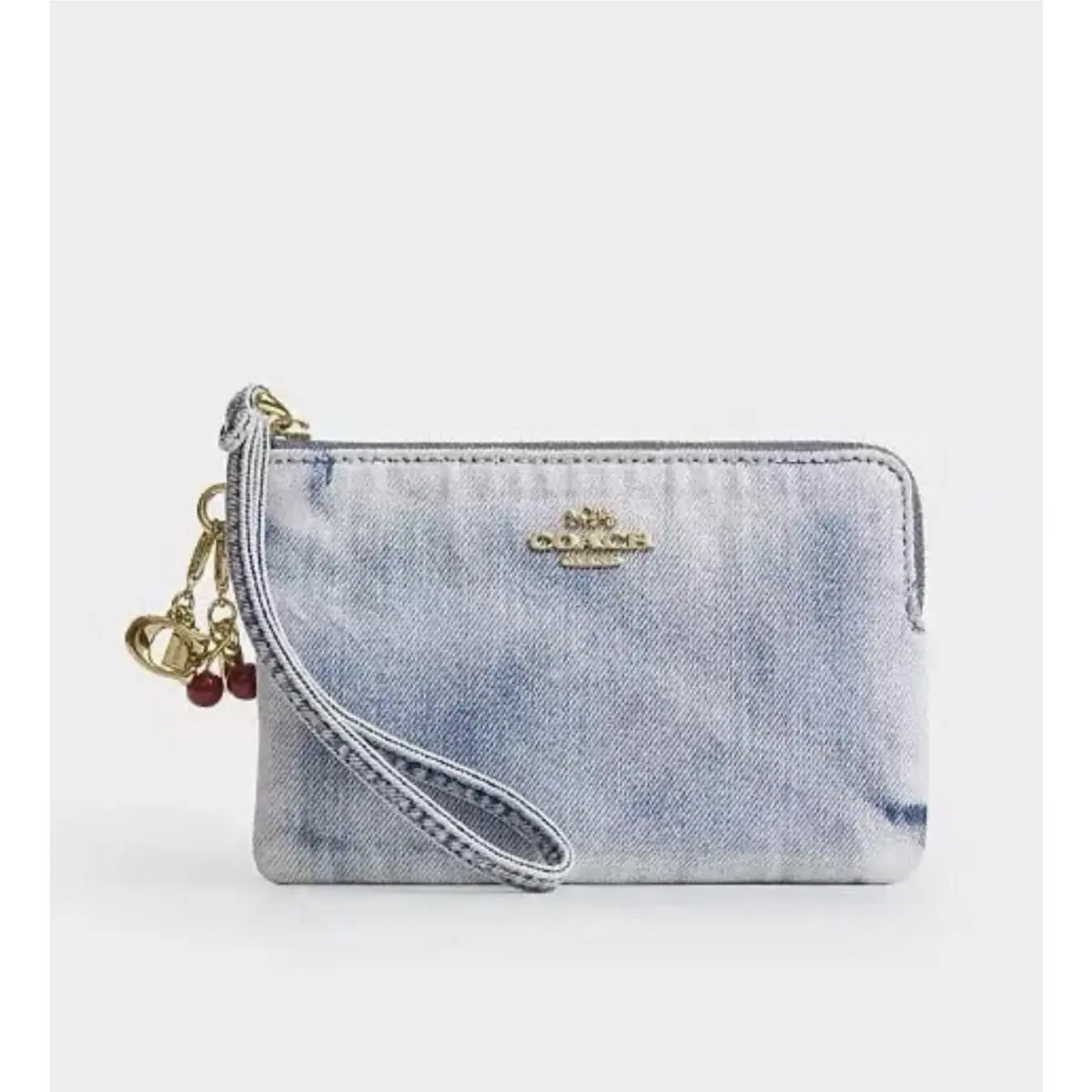 Coach Corner Zip Wristlet with 2 Charms In Loved Light Indigo Denim