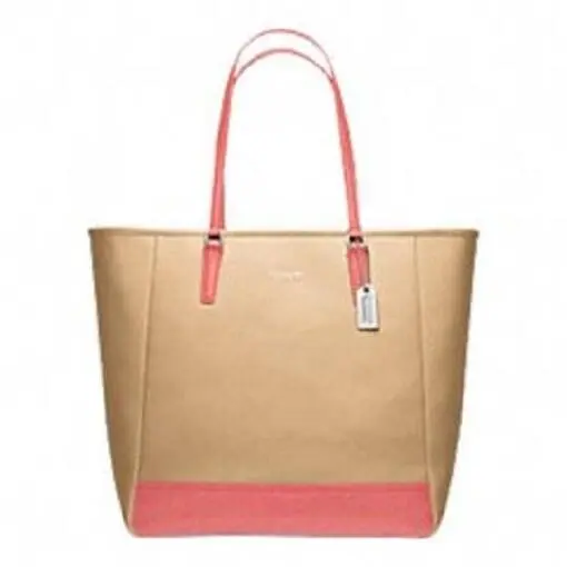 Coach Saffiano Leather Colorblock NS Zip Top Tote Bag Purse in Camel/coral 23891