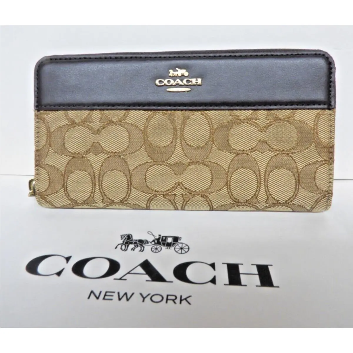 Coach F76638 Signature Outline Accordion Zip Around Wallet Khaki Brown