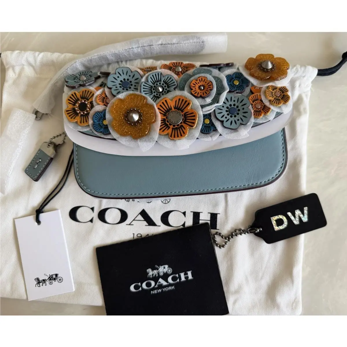 Coach 1941 Steel Blue Glitter Tea Rose Applique Leather Clutch 10792