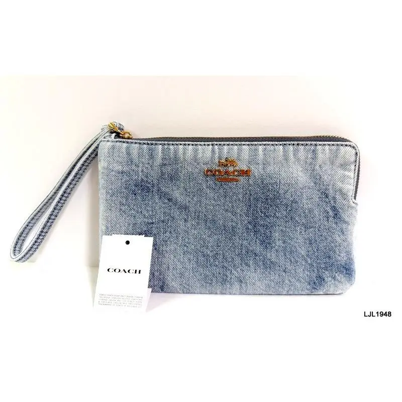 Coach Large Corner Zip Wristlet Loved Denim Light Indigo CEF68
