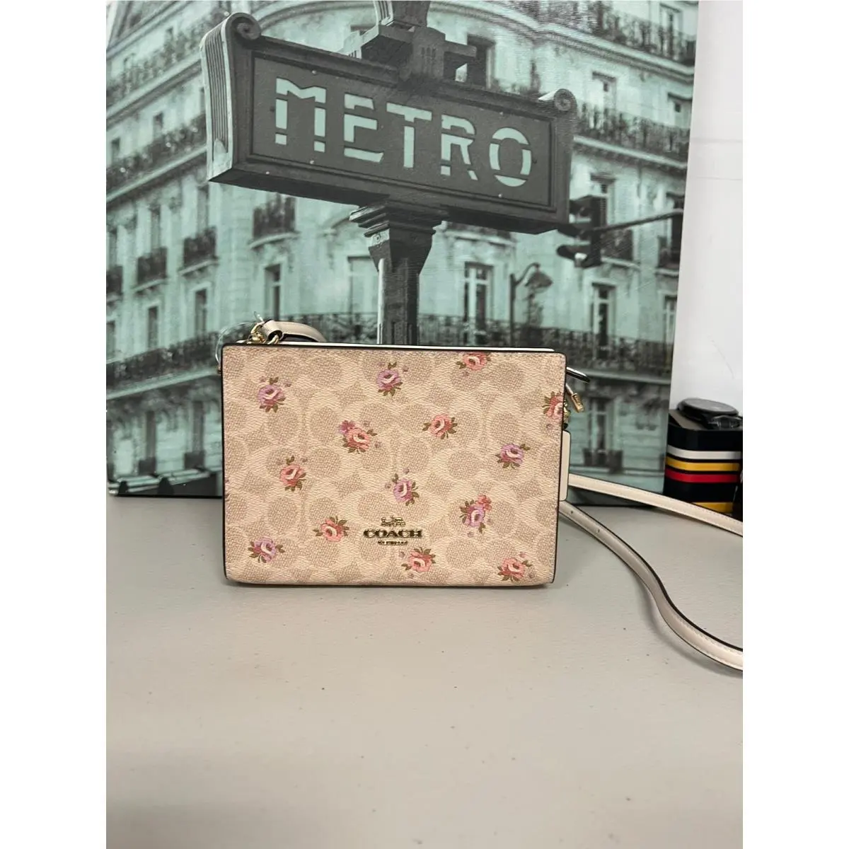 Coach CBA71 Slim Crossbody Bag In Signature Canvas with Floral Print IN Sand