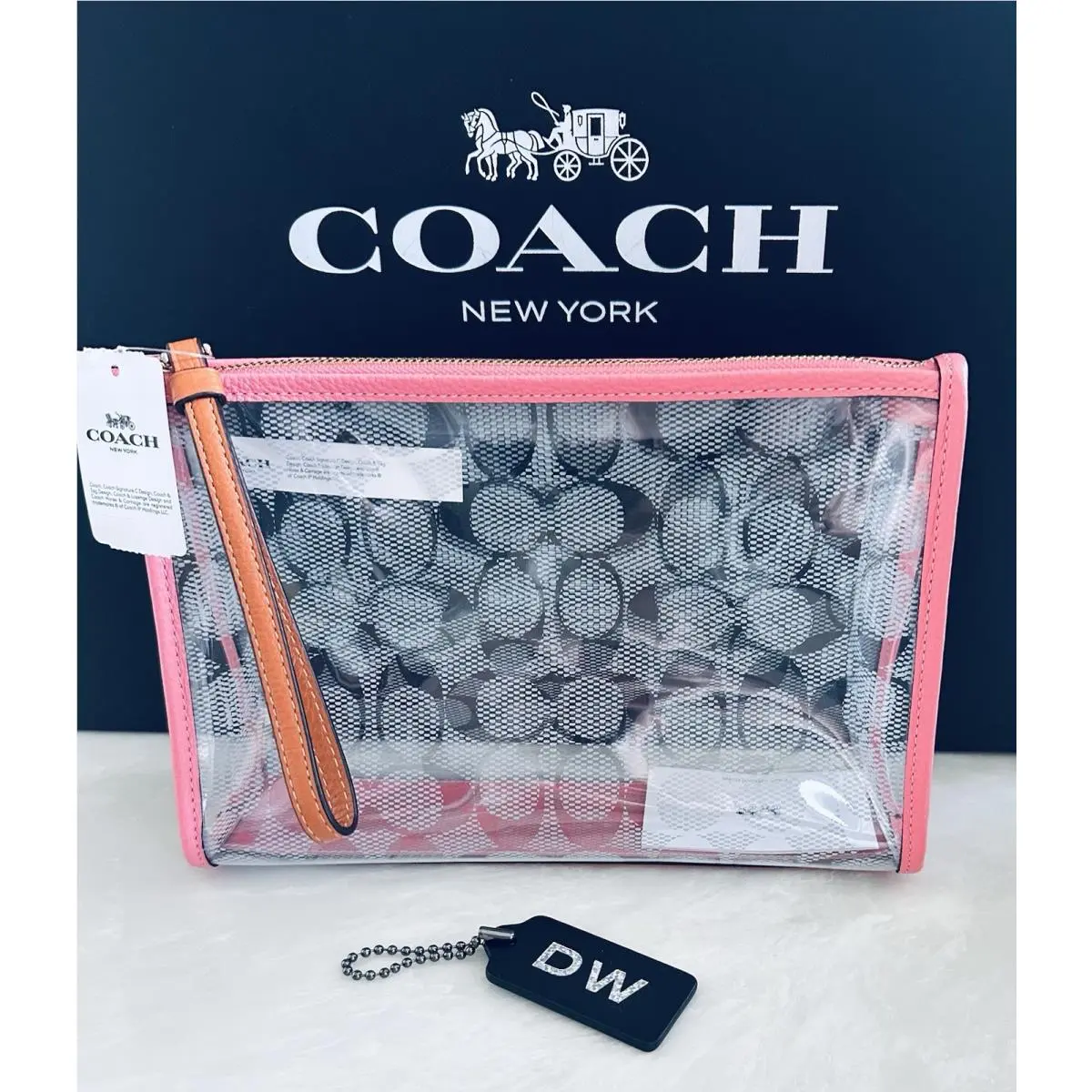 Coach Clear Signature Pvc Zip Pouch Pink Lemonade Leather Beach Clutch 99430