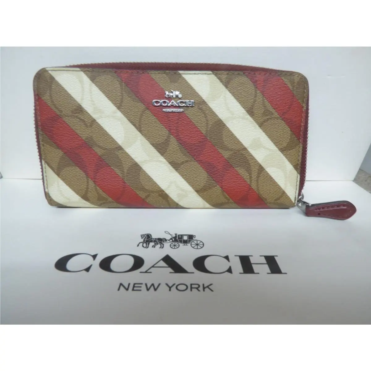 Coach C2533 Signature Logo Canvas Stripe Khaki Multi Accordion Zip Wallet Clutch