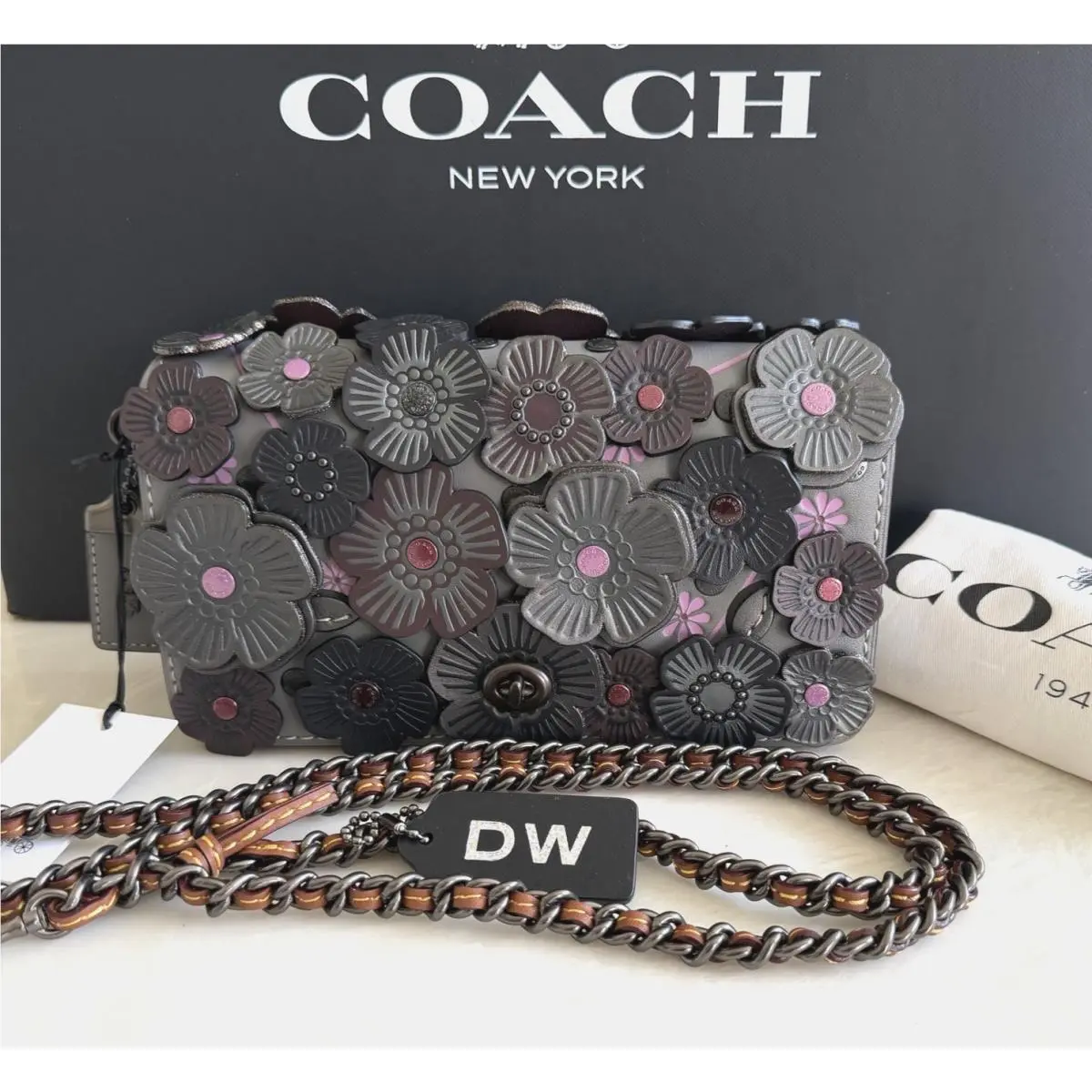 Coach 1941 Heather Grey/multi Tea Rose Appliqué Dinky 38197
