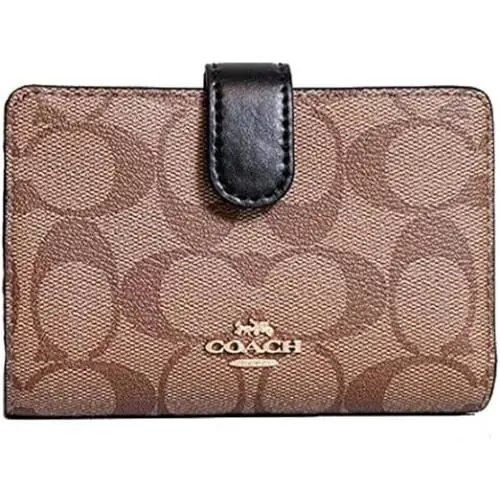 Coach Signature Pvc Medium Corner Zip Wallet F23553 Khaki Black Lqqk
