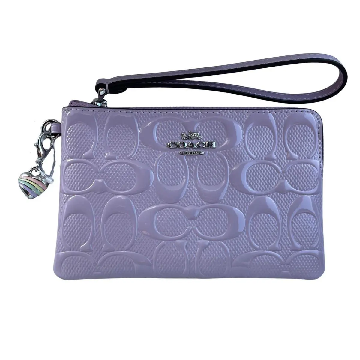 Coach Wristlet Corner Zip Heart Charm Pearlized Signature Patent Leather Y2K