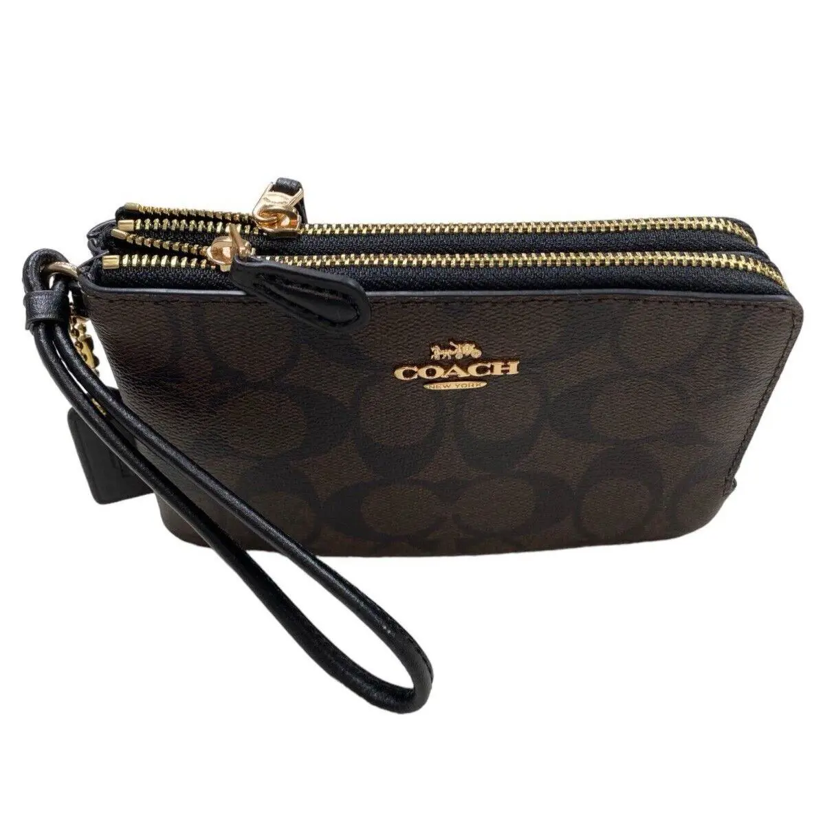 Coach Signature Brown Black Wristlet Wallet Pvc Double Corner Zip F87591