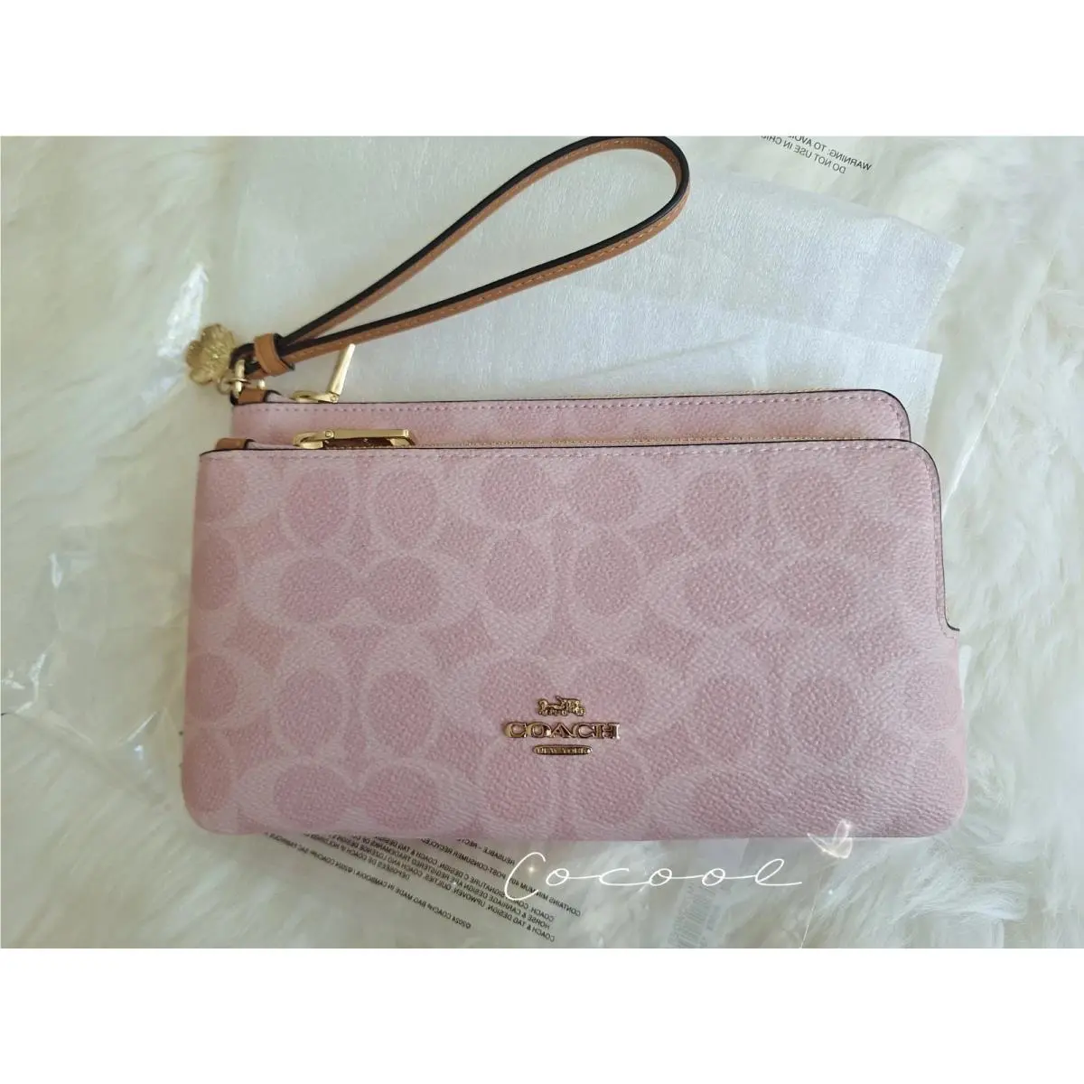 Double Zip Wristlet In Signature Canvas with Charms CEF61 Powder Pink by Coach