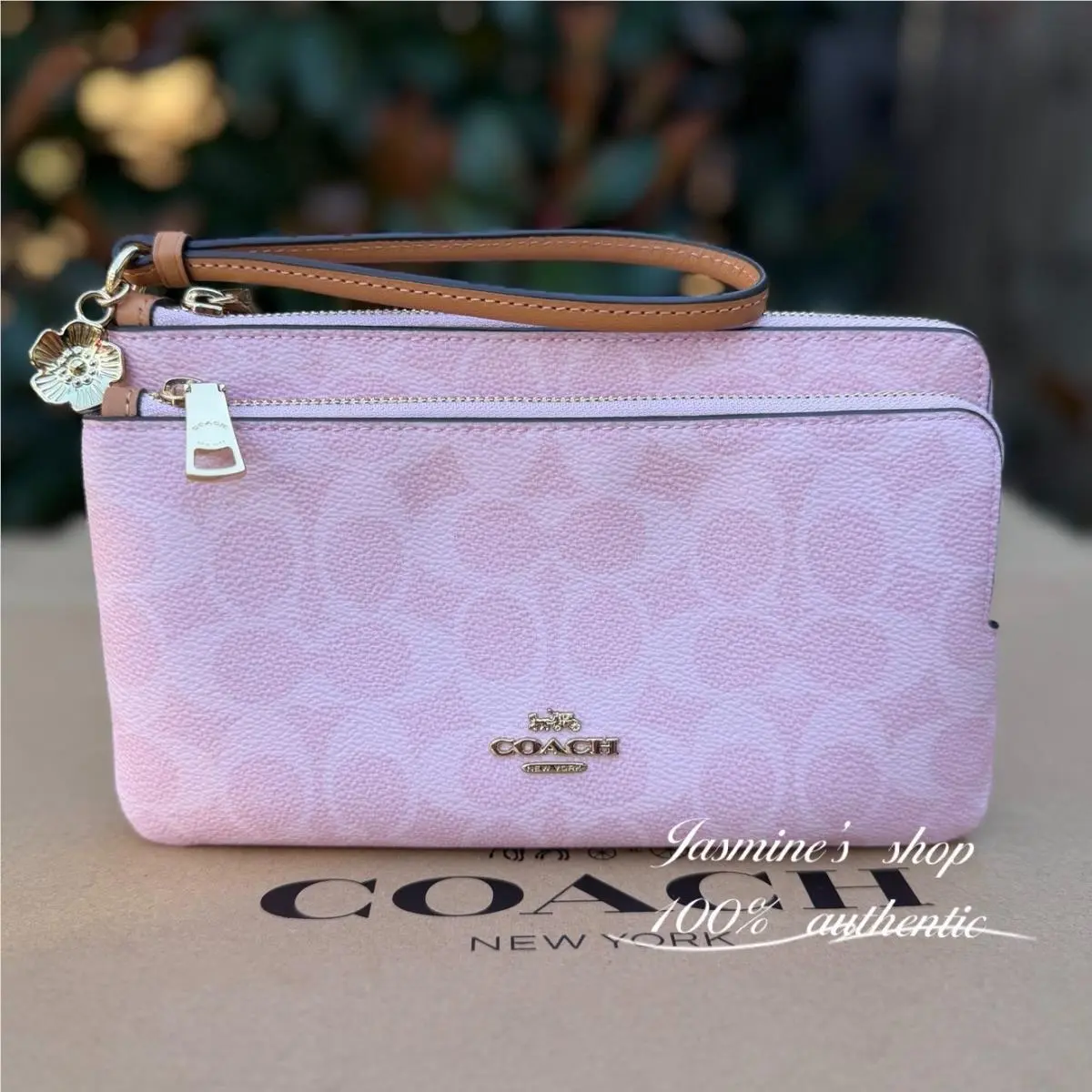 Coach Double Zip Wristlet In Signature Canvas with Charms CEF61 Powder Pink