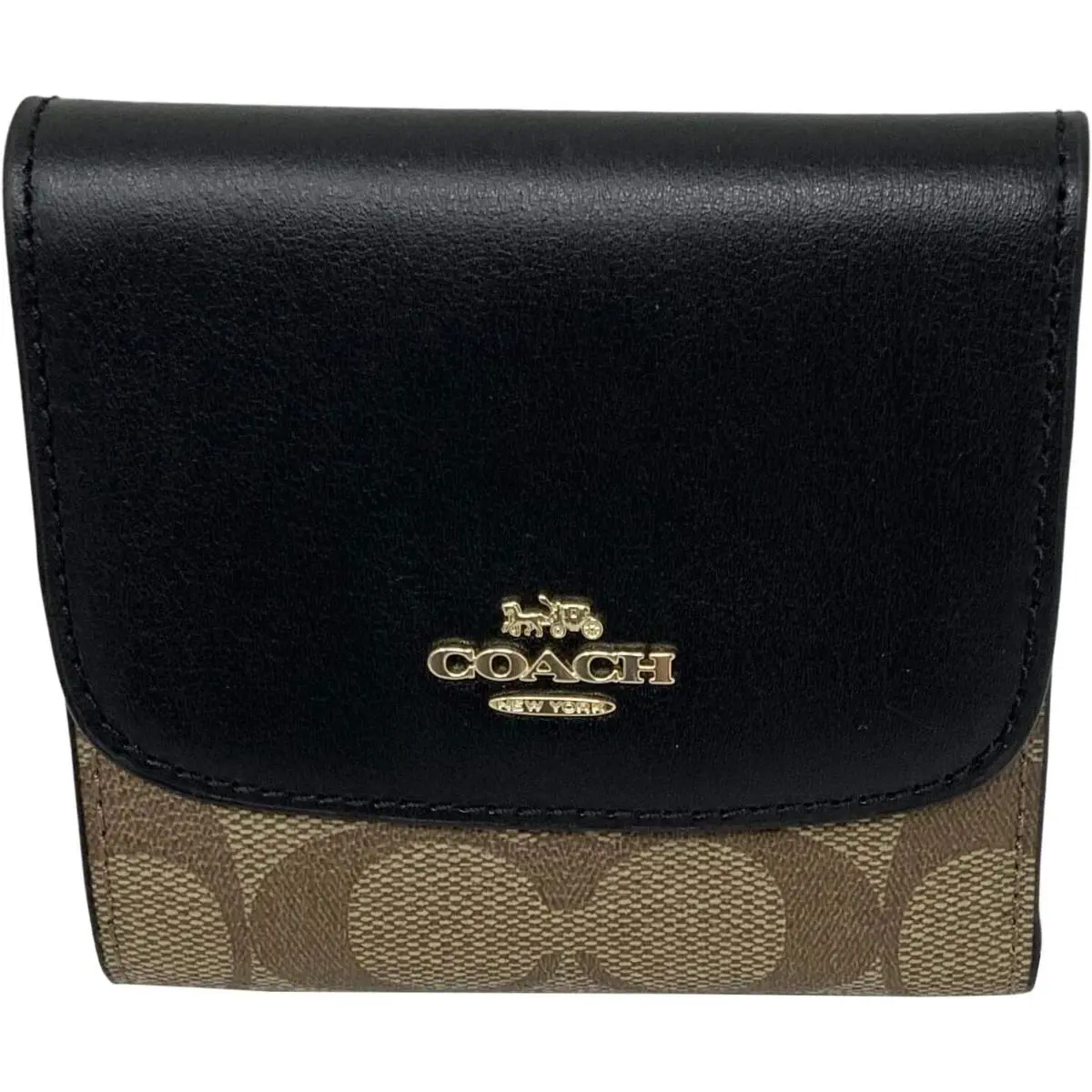 Coach F87589 Small Wallet Signature Khaki Black Pvc Leather Lqqk