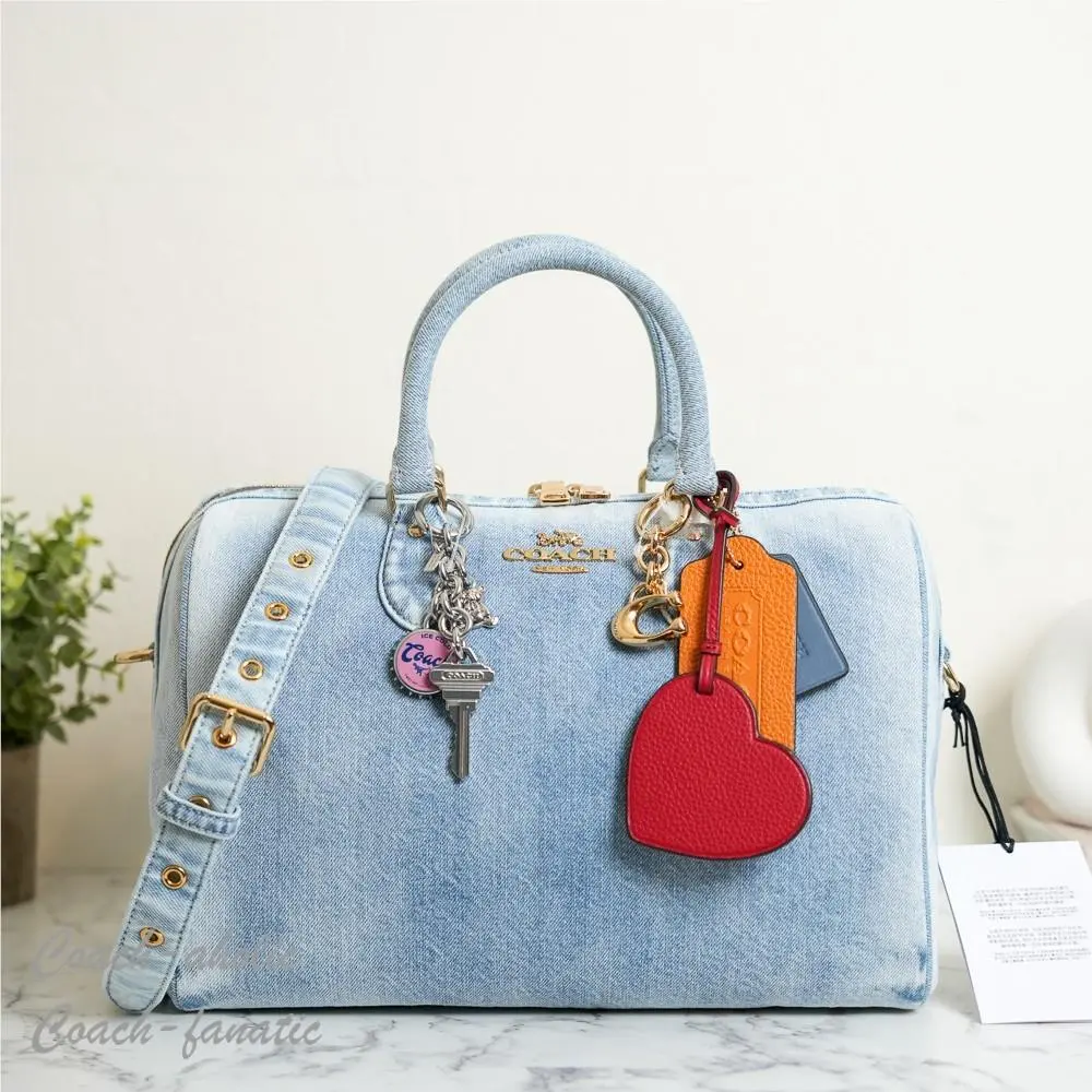 Coach CDY75 Rowan Large Satchel Bag In Loved Denim with Charms Light Indigo