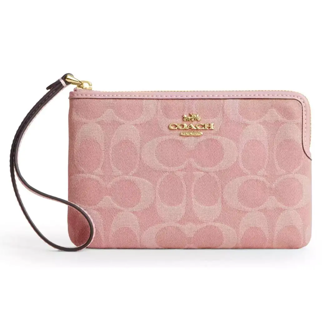 Coach Corner Zip Wristlet - CDF27 Light Pink Signature Denim and Leather