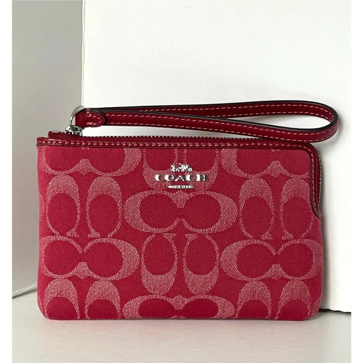 Coach Corner Zip Wristlet CDF27 Signature Denim True Red Leather Wallet