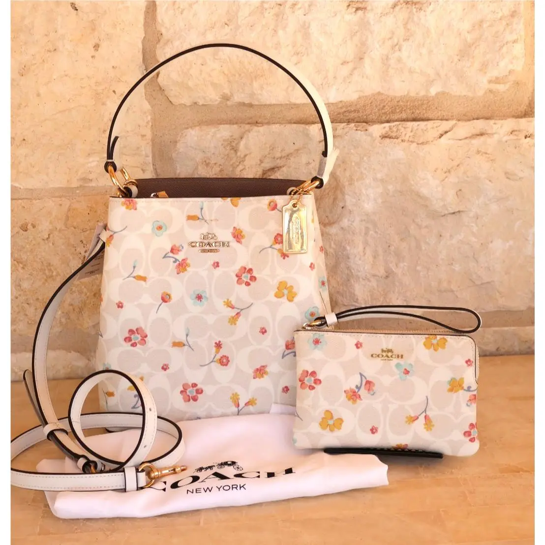 Coach Set Small Town Bucket Bag Signature Mystical Floral Bag + Wristlet 2pc