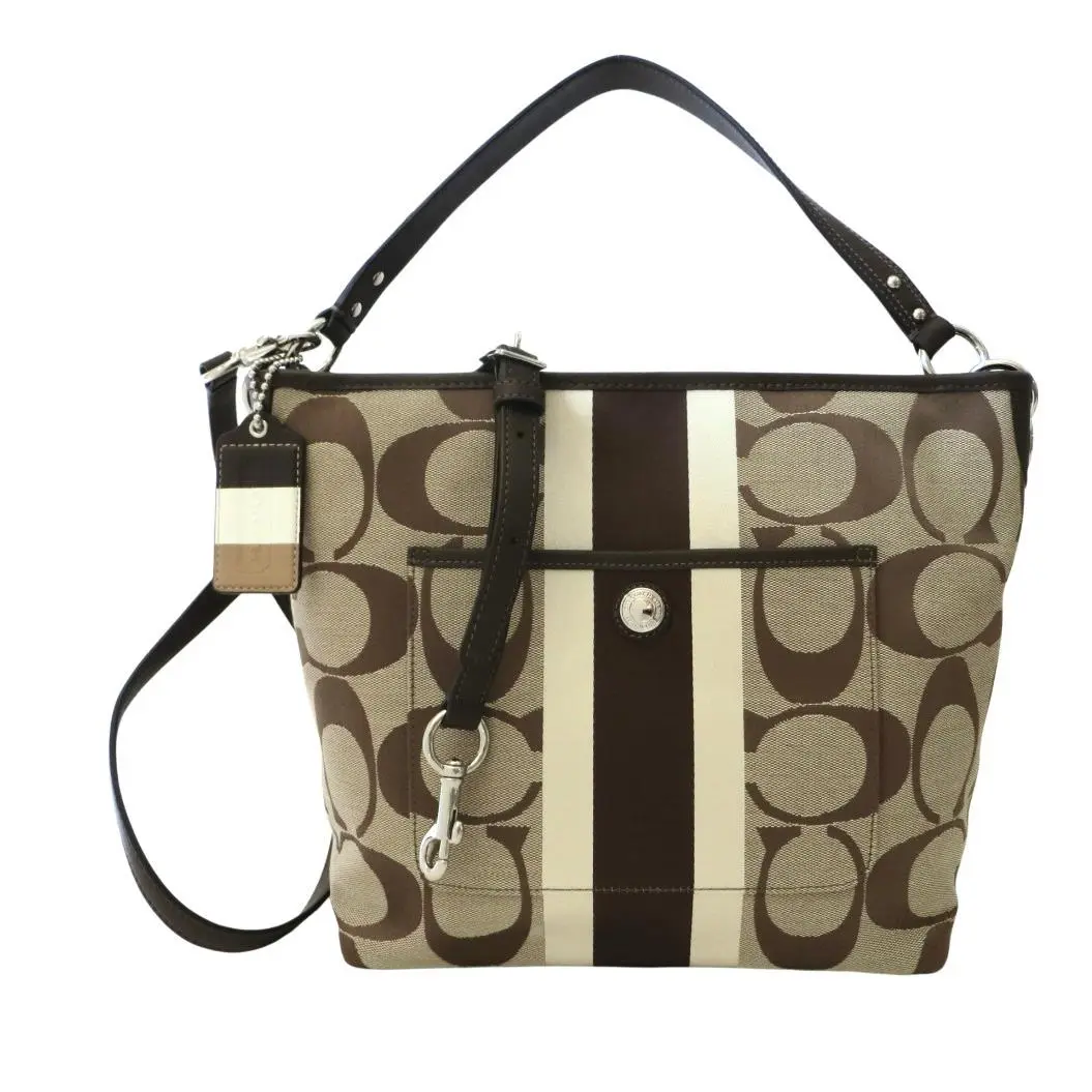 Coach Signature Hamptons Weekend Khaki Brown Signature Stripe Tote Purse
