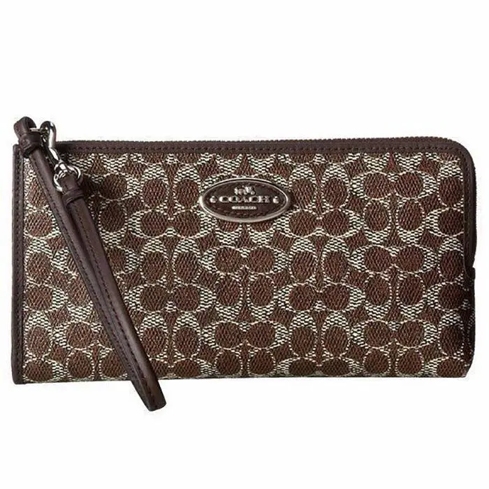 Women Coach 52462B L- Zip Wallet in Signature Logo Coated Canvas Brown