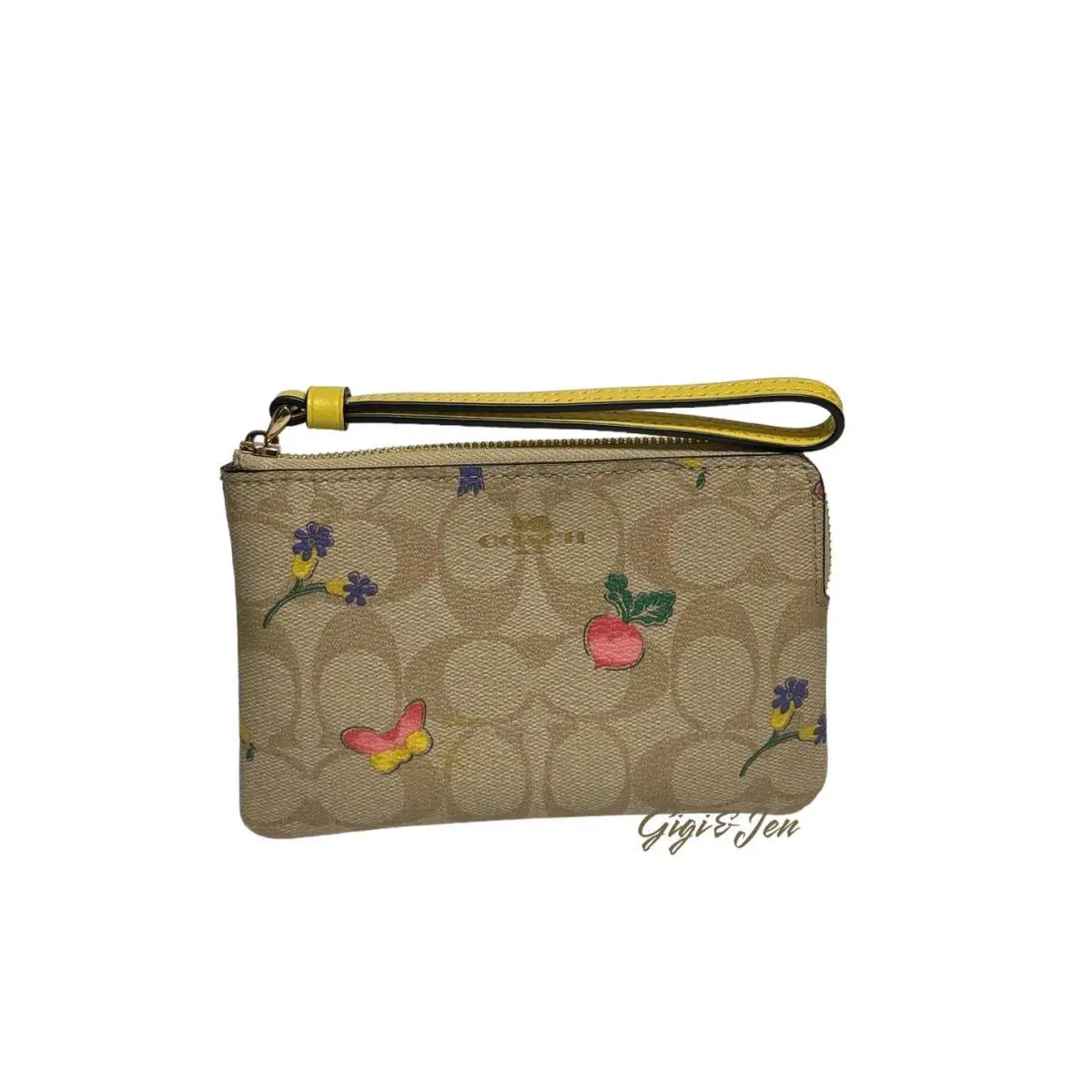 Coach Corner Zip Wristlet In Signature Canvas with Dreamy Veggie Print - Exterior: Brown