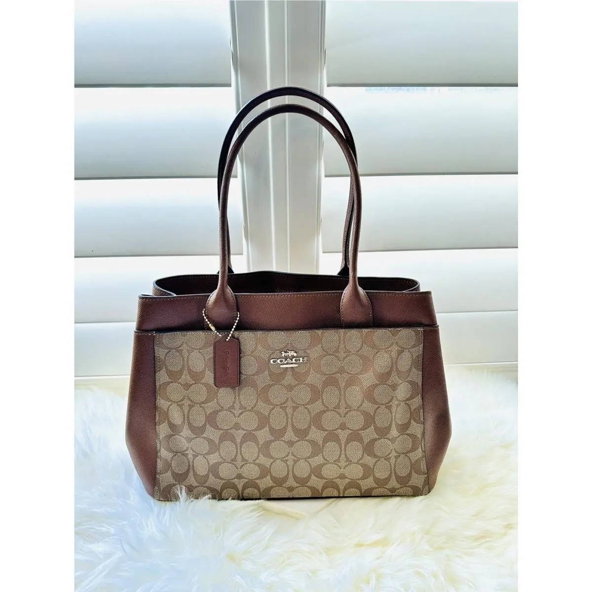 Coach F31474 Brown Leather Casey Tote Khaki Signature Canvas Carryall Bag