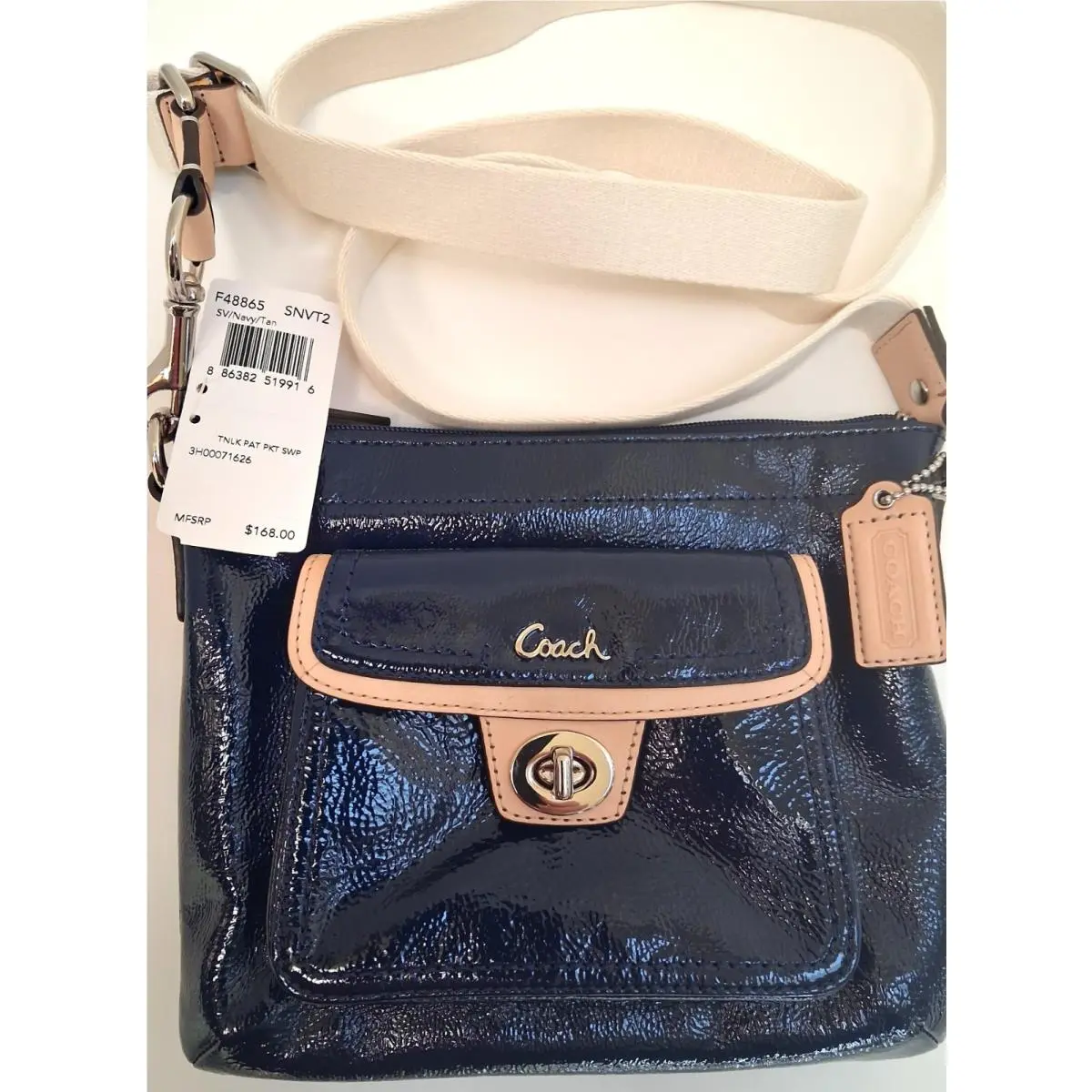 Coach Patent Leather Turnlock Pocket Crossbody Swingpack Handbag Purse Blue