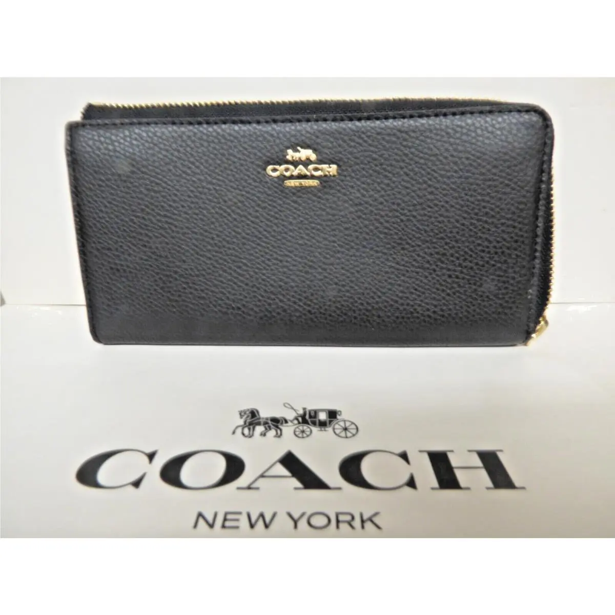 Coach Pebbled Leather Zip Wallet F73345 Black Gold Hardware Lqqk