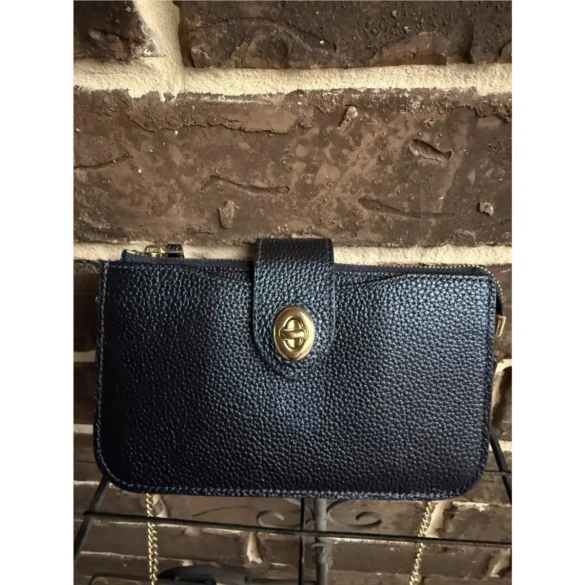 Coach Metallic Leather Turnlock Crossbody Wallet 38934 Dark Blue