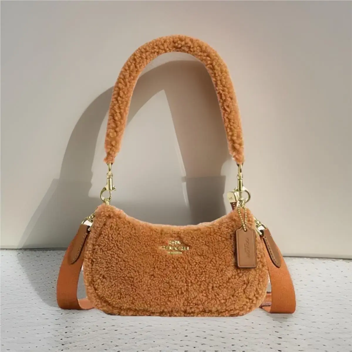 Coach Teri Mini Shearling Honey Brown Shoulder Bag Gold Hardware