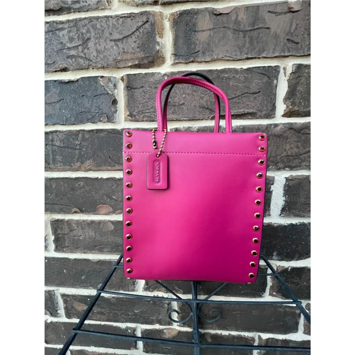 Coach Glovetanned Leather Crystal Rivets Mini Cashin Tote Hyacinth Pink
