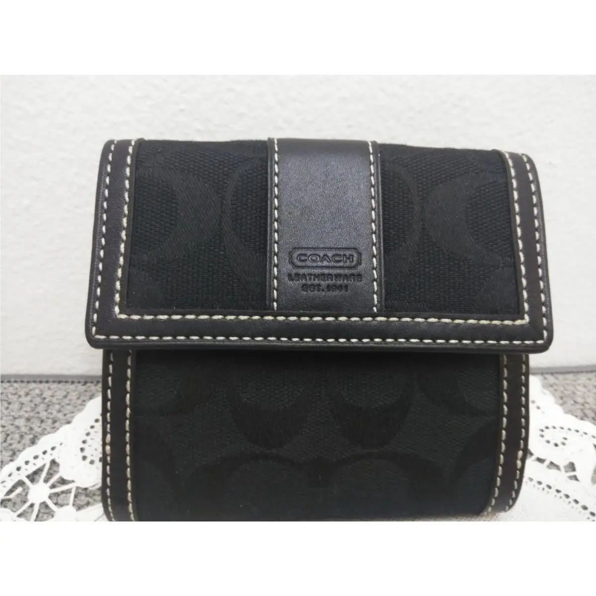 Coach Tri-fold Wallet Black Signature Logo Canvas Black Leather w/ Snap Button