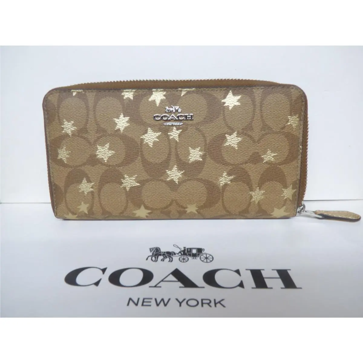 Coach Signature Star Accordion Zip Wallet F39085 Lqqk Silver Khaki Multi