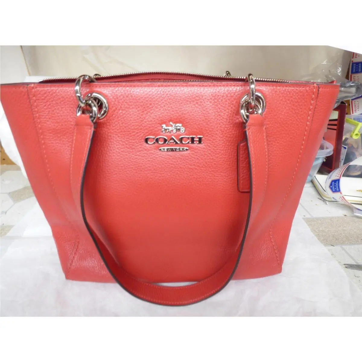 Coach 76701 Jes Tote Pebble Leather Bag Bright Cardinal Red Msrv