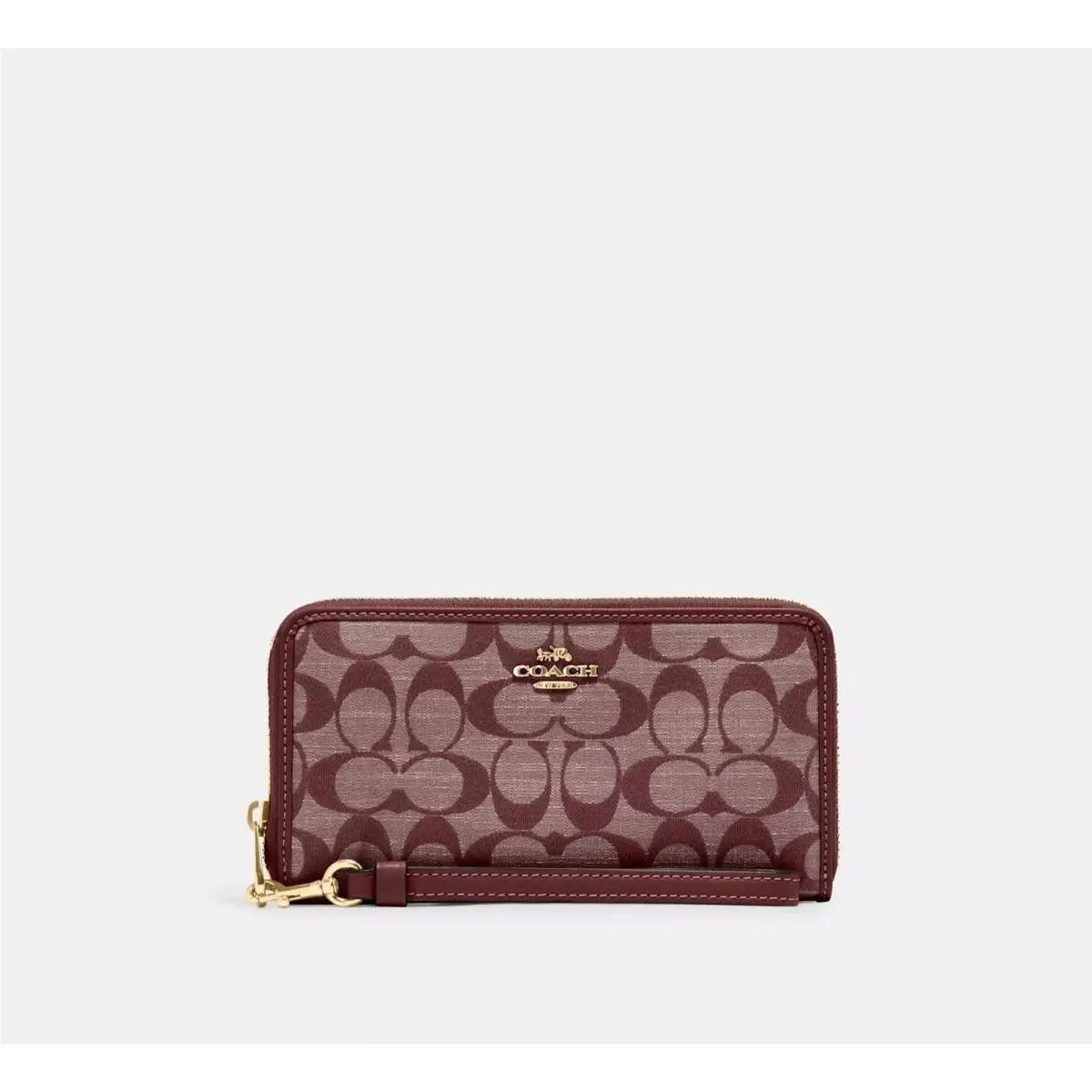 Coach Long Zip Around Wallet with Wrist Strap Signature Chambray Wine