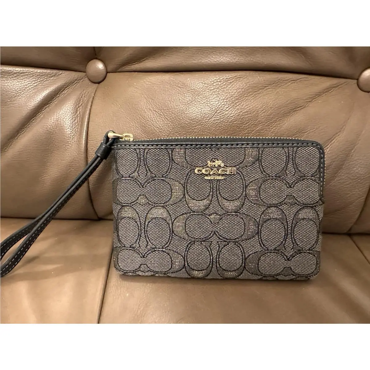 Coach Corner Zip Wristlet in Signature Jacquard CCL22. Charcoal Gold