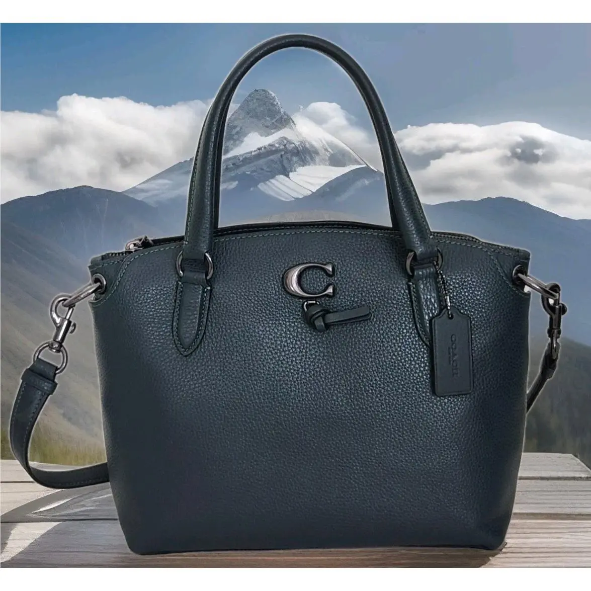 Coach 1317 Remi Forest Green Pebbled Leather C Logo Crossbody Satchel Bag