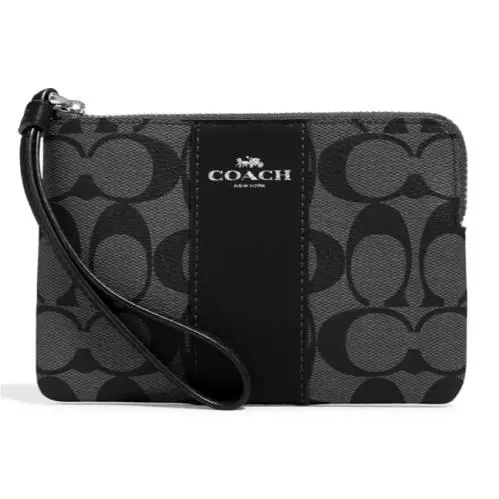 Coach Corner Zip Wristlet - CS602 Graphite Black Signature Canvas/leather