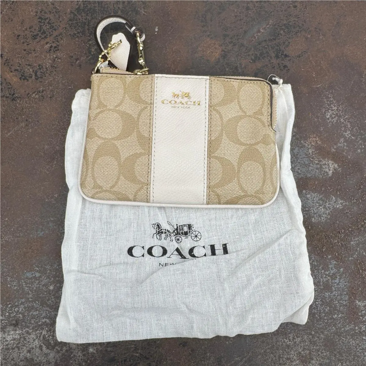 Coach Corner Zip Wristlet Pvc w/ Leather Light Khaki / Chalk - F64233 w/ Tags