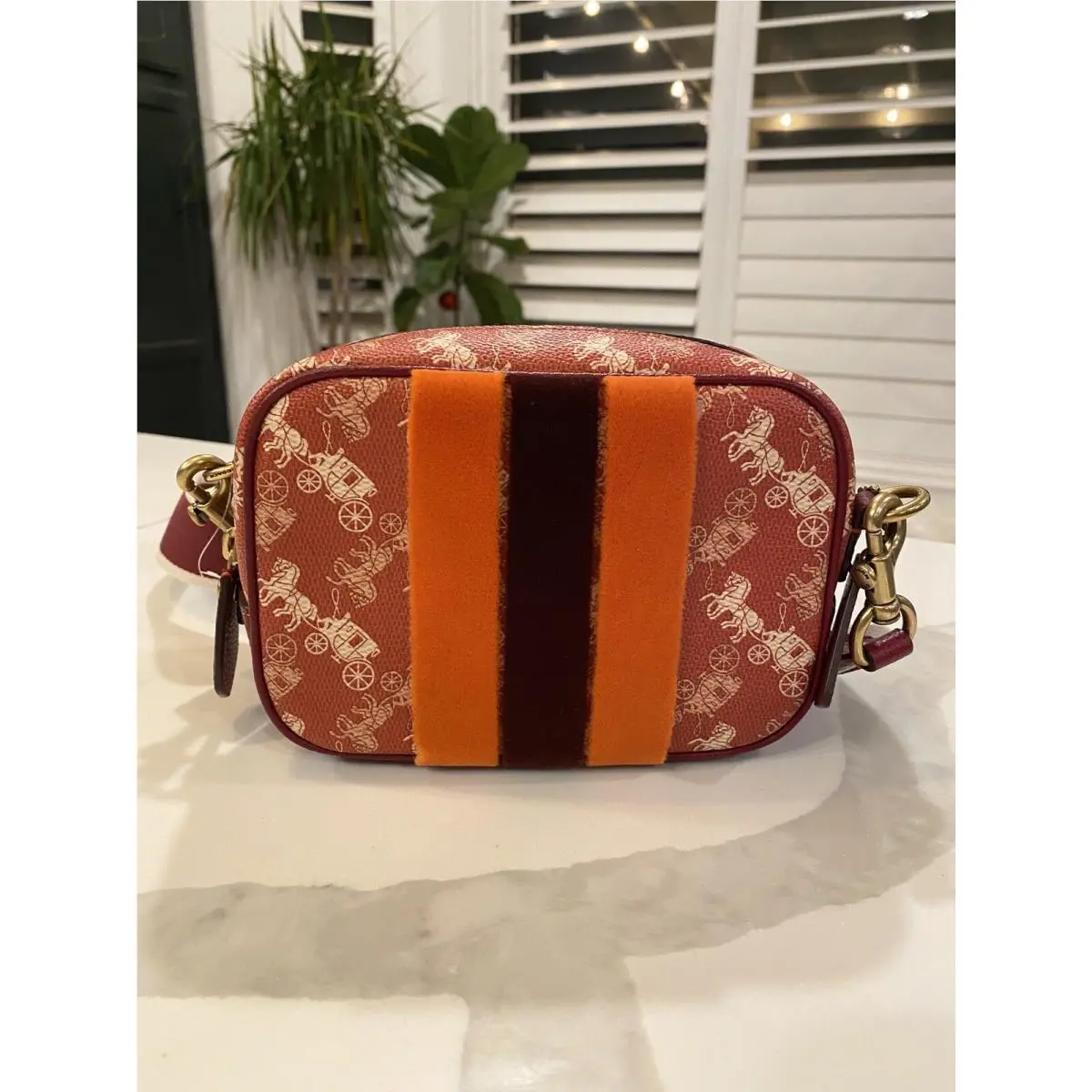 Coach 88505 Camera Bag 16 with Horse Carriage Print Varsity Stripe Red