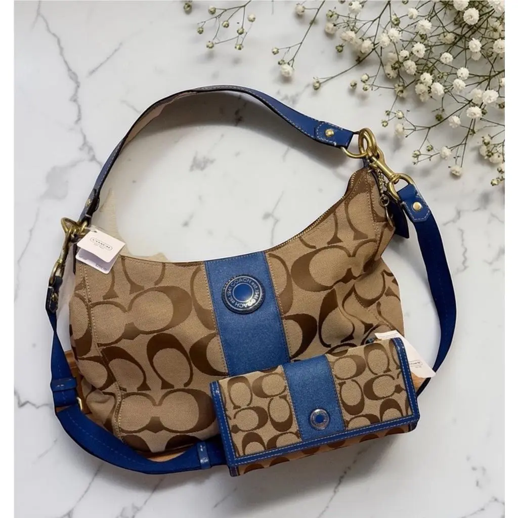 Coach Y2K Signature Stripe Hobo Bag Wallet Set Khaki Blue Jacquard 3254-1