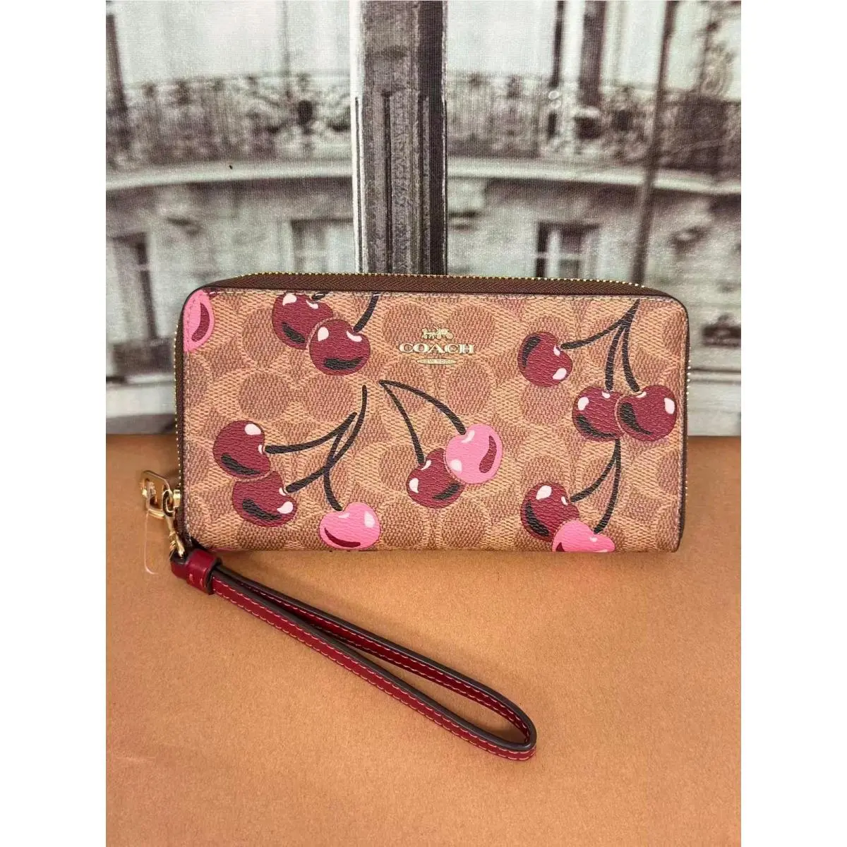 Coach CZ328 Long Zip Around Wallet In Signature Canvas with Cherry Print